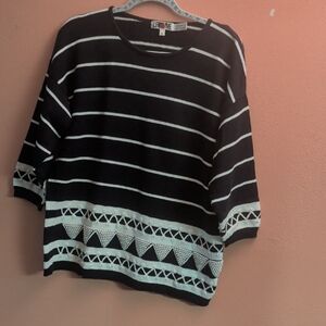 Leona Edminston Black and White Striped Knit Pullover with Geometric Hem